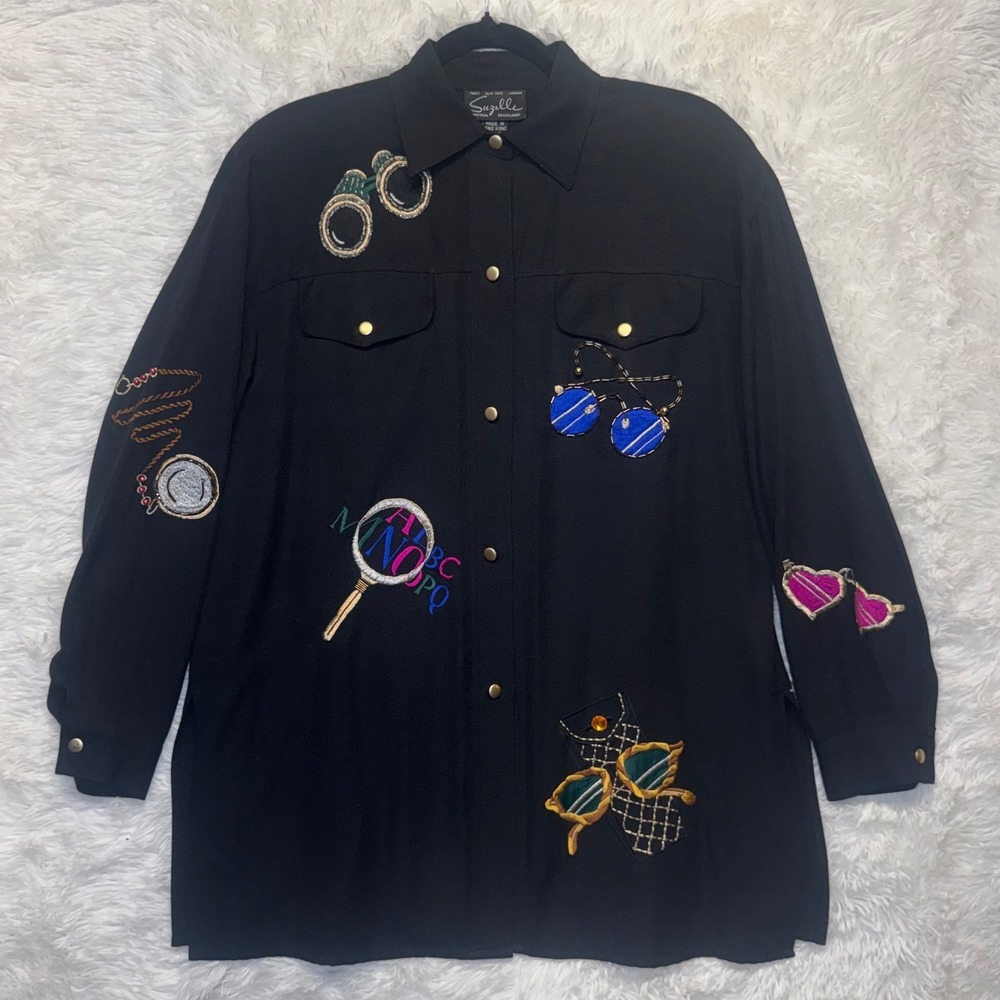 Vintage Suzelle Black Embroidered Beaded Sunglasses Novelty Button Up